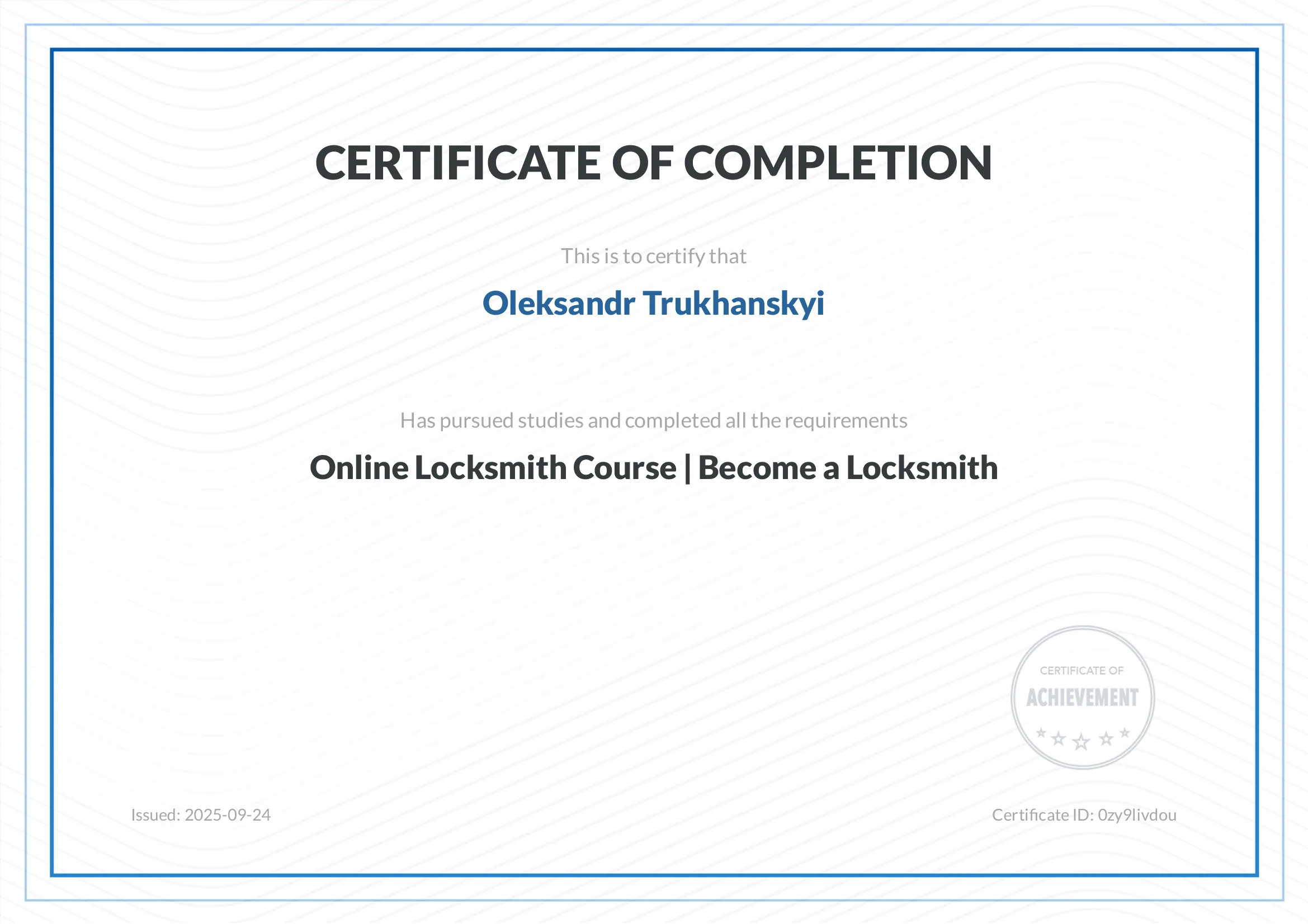 Locksmith training certificate — Alex Mobile Locksmith Moncton